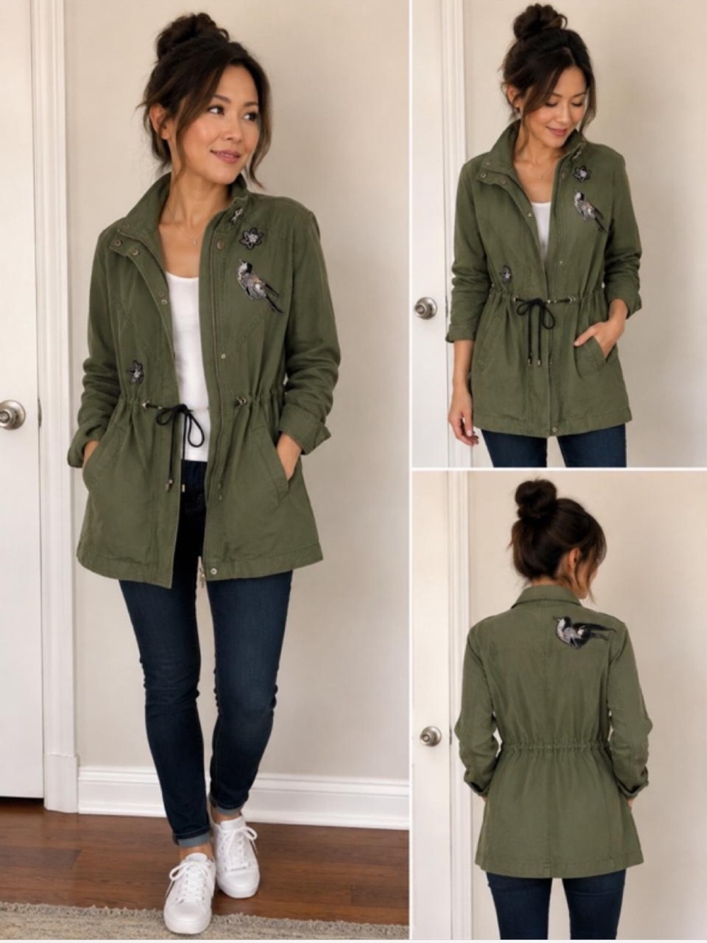Olive Green Bird Appliqué Drawstring Jacket - Women